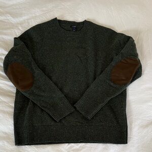 J. Crew Forest Green Crewneck Sweater with Leather Elbow Patches